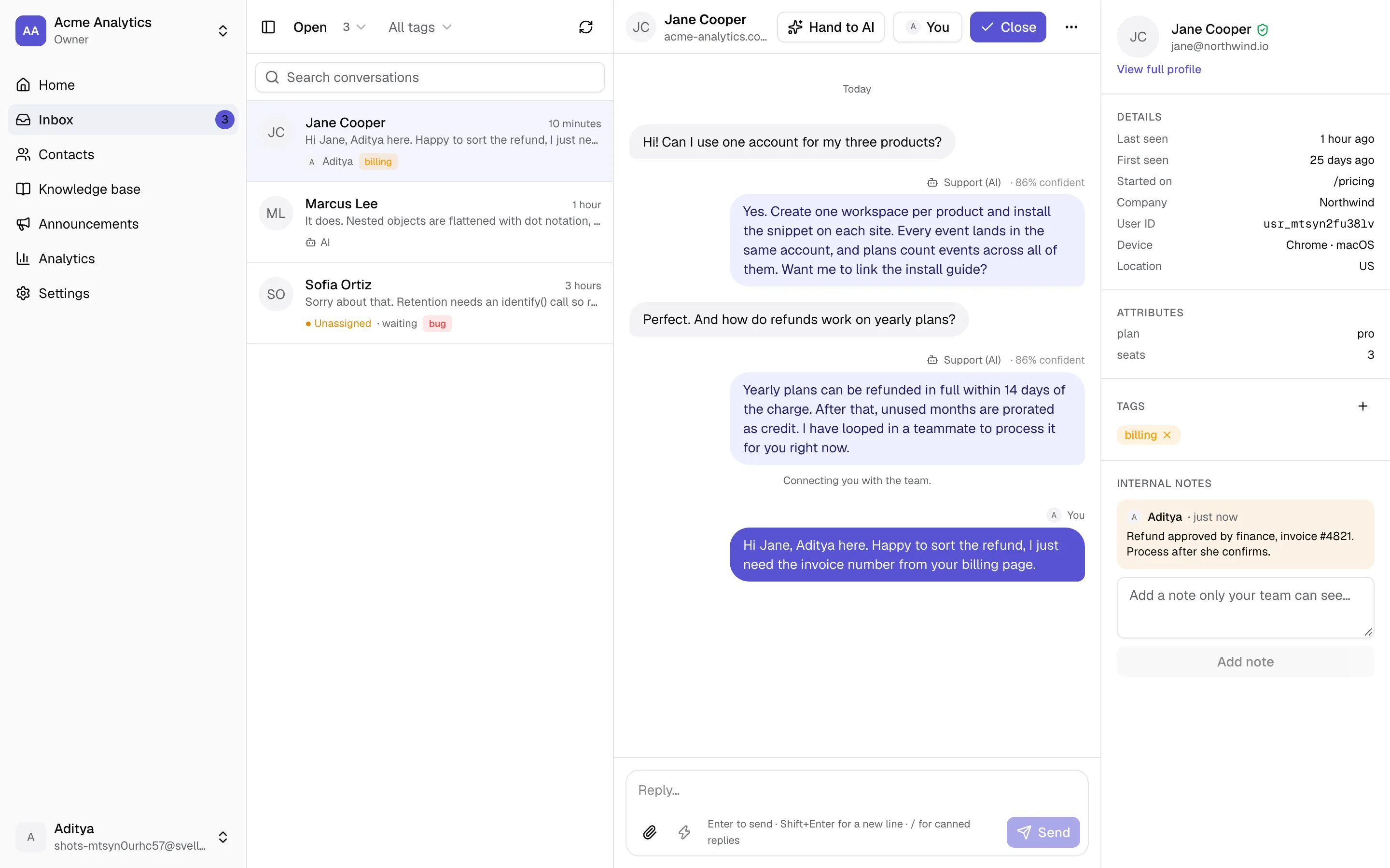 Svellyo inbox showing an AI-handled conversation handed to a teammate, with contact details, tags and internal notes