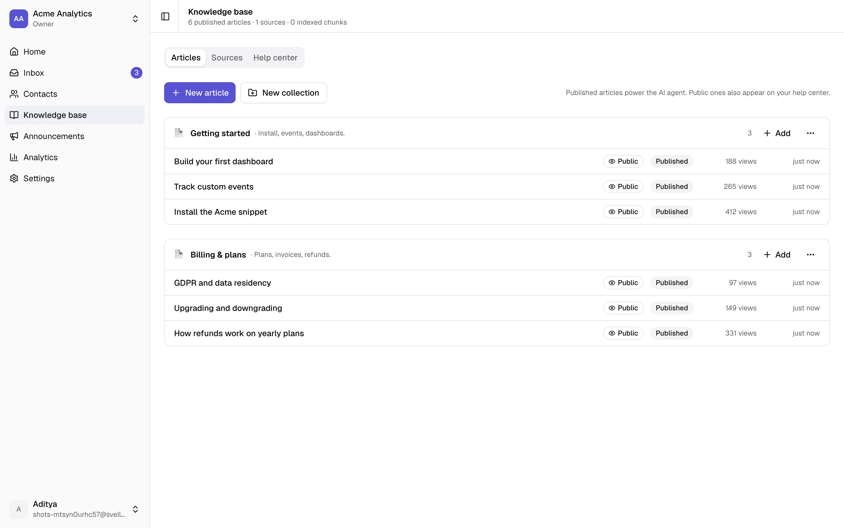 Svellyo knowledge base with articles grouped in collections
