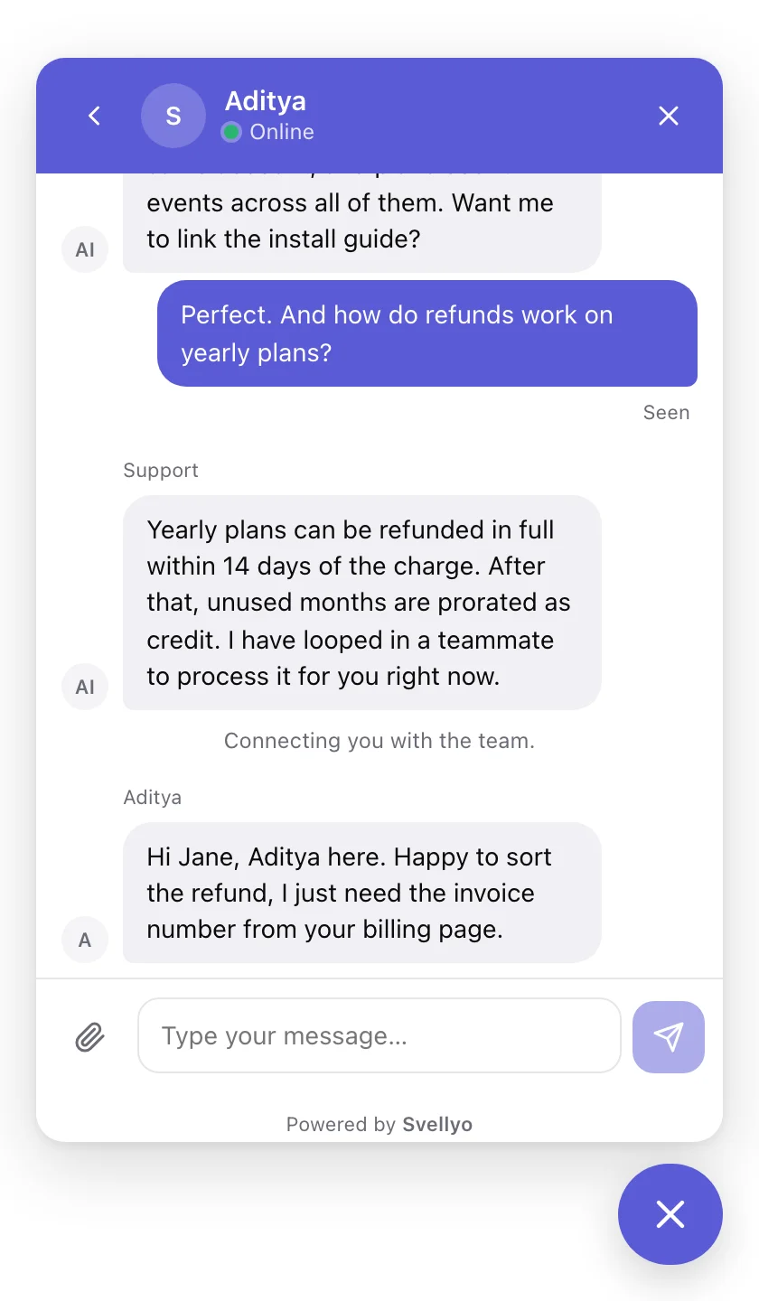 The Svellyo chat widget showing an AI answer and a teammate taking over